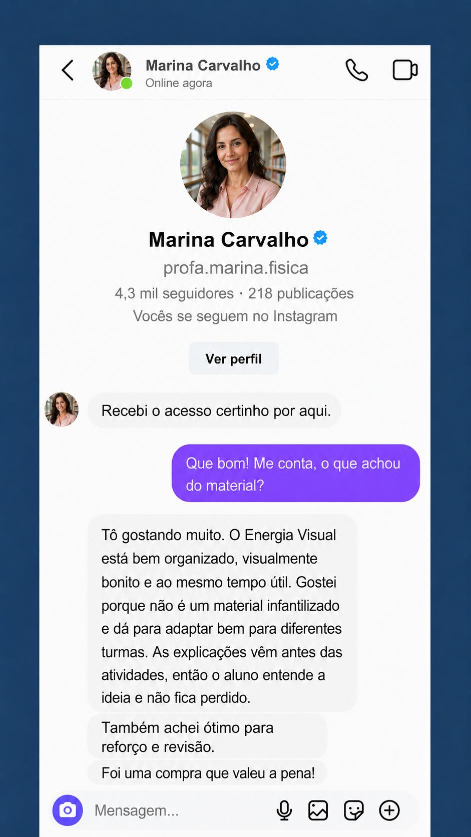 Depoimento em mensagem sobre o Energia Visual
